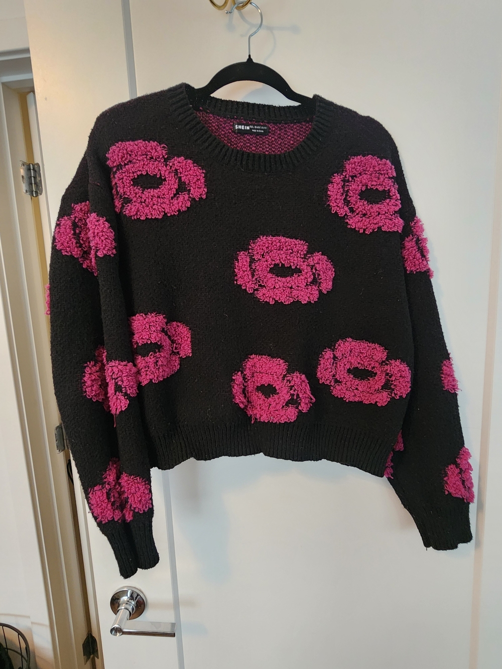 SHEIN Black Crewneck Sweater with Hot Pink Floral Tufting